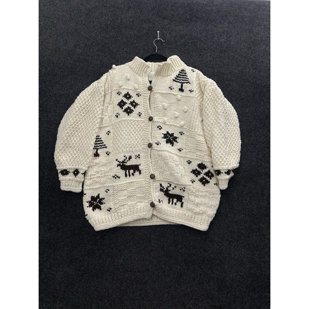 Vintage Cowichan Cardigan Sweater Cream Black Moose Heavy Knit Cabin Core Heavy